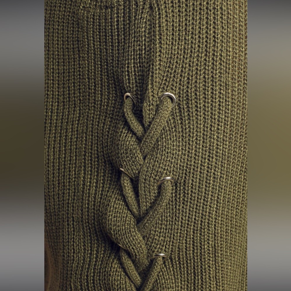 Lulus Lalianna Olive Green Balloon Sleeved Lace-up Sweater dress - Picture 2 of 5